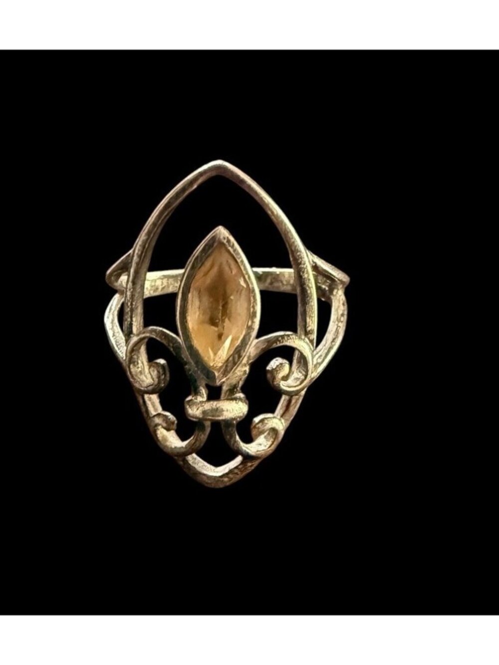 Vintage Sterling Silver Marquise Citrine Fleur De Lis Scrollwork Ring Size 5